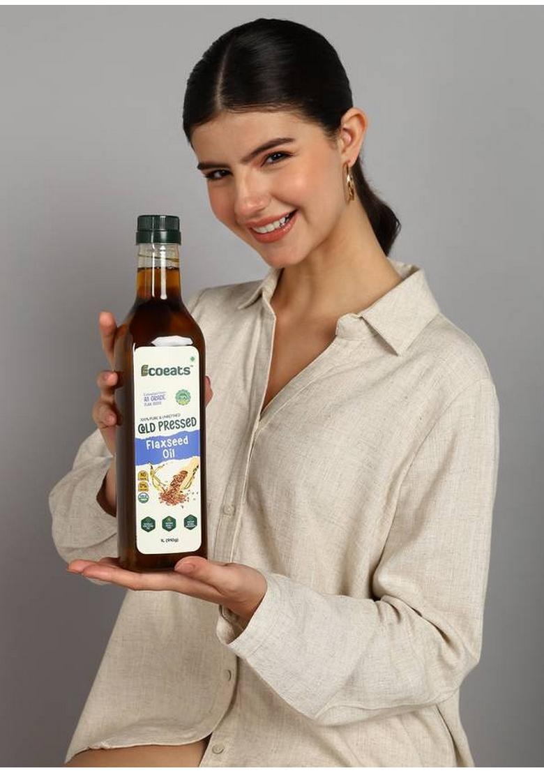 Ecoeats Pure Unrefined Cold Pressed Flaxseed Oil 1 Litres, Cholesterol Free, Rich Aroma Plastic Bottle (1 L)