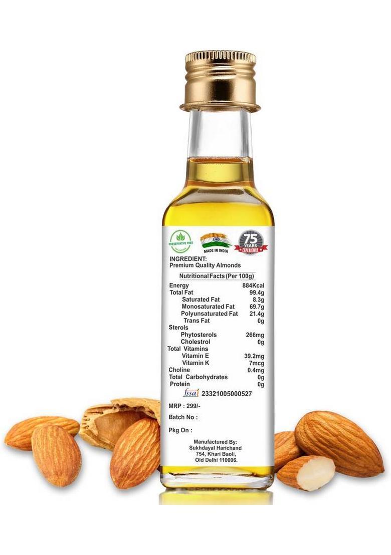 Vediqure Almond Oil | 100% Pure Natural Cold Pressed Edible Badam Ka Tel Glass Bottle 100Ml (100 Ml)