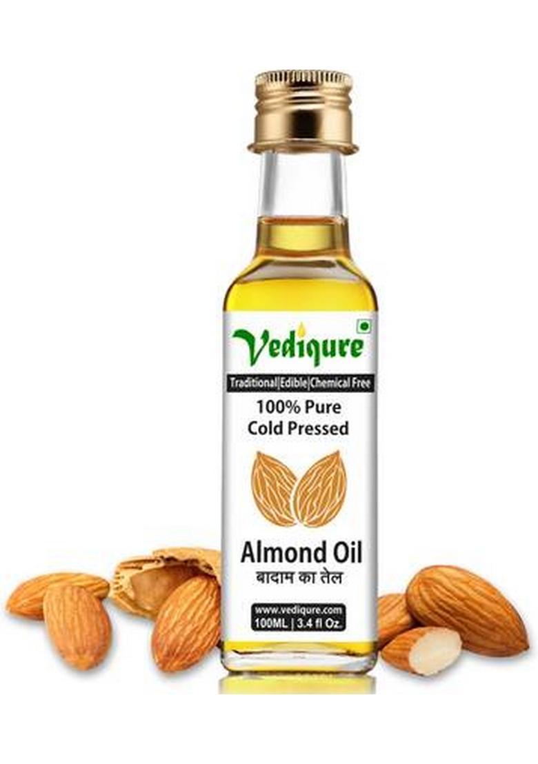 Vediqure Almond Oil | 100% Pure Natural Cold Pressed Edible Badam Ka Tel Glass Bottle 100Ml (100 Ml)
