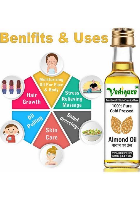 Vediqure Almond Oil | 100% Pure Natural Cold Pressed Edible Badam Ka Tel Glass Bottle 100Ml (100 Ml)