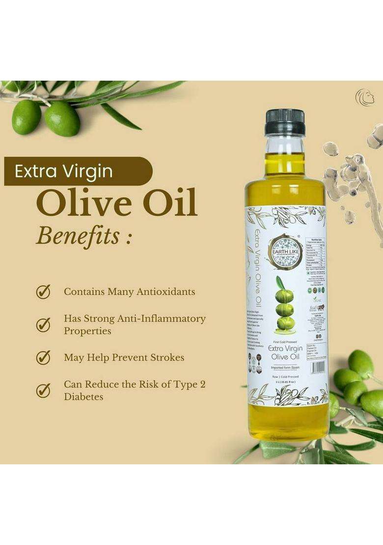 Earth Like Extra Virgin Olive Oil 1 Liter | Cold Pressed 100% Pure & Natural Pet Bottle (1 L) - Indya