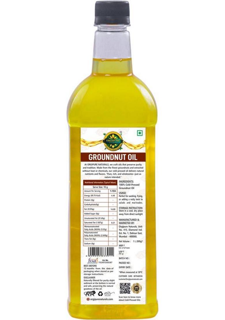 Orgipure Naturals 1 Liter Unrefined Chemical-Free 100% Pure And Natural Cold-Pressed Groundnut Oil Pet Bottle (1 L)