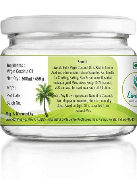 Livendo Extra Virgin Coconut Oil (100% Natural And Cold Pressed) 250 Ml (Glass Bottle) Glass Bottle (250 Ml)