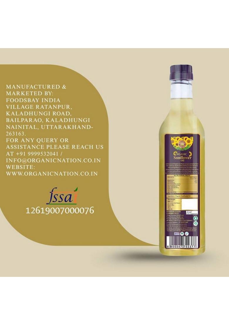 Organic Nation Sunflower Oil | Unrefined Cold Presses 100 % Certified Plastic Bottle (1 L)