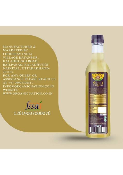 Organic Nation Sunflower Oil | Unrefined Cold Presses 100 % Certified Plastic Bottle (1 L)