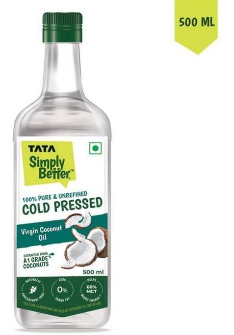 Tata Simply Better Pure & Unrefined Virgin Cold Pressed Coconut Oil Plastic Bottle (2 X 0.5 L)
