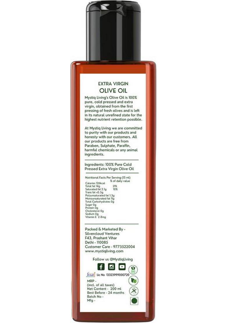Mystiq Living Extra Virgin Olive Oil For Cooking, Dressing Salad And Baby Massage Pet Bottle (200 Ml)