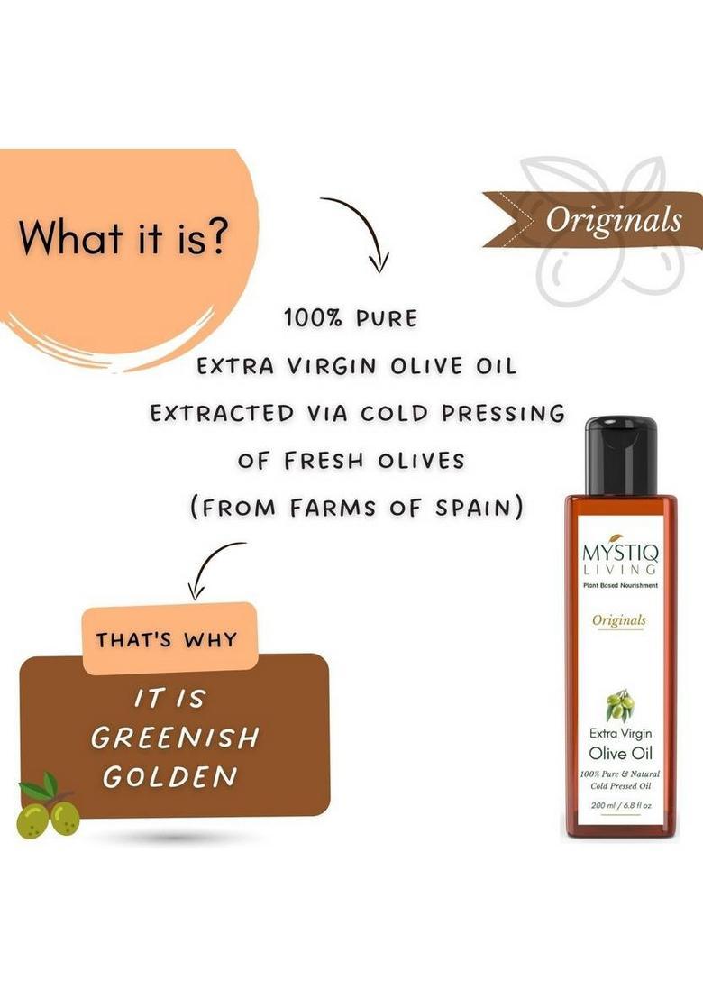 Mystiq Living Extra Virgin Olive Oil For Cooking, Dressing Salad And Baby Massage Pet Bottle (200 Ml)