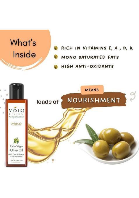 Mystiq Living Extra Virgin Olive Oil For Cooking, Dressing Salad And Baby Massage Pet Bottle (200 Ml)