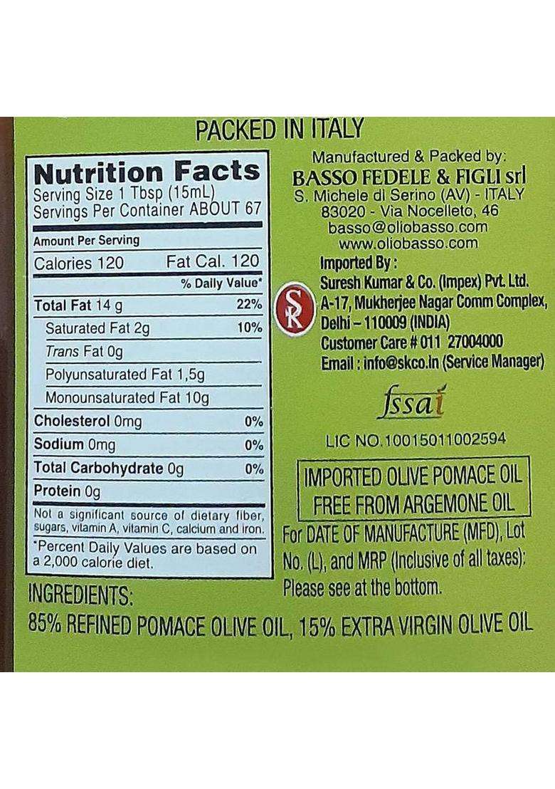 Basso Olive Oil Pomace Oil, 1 Ltr Plastic Bottle (1 L) - Indya