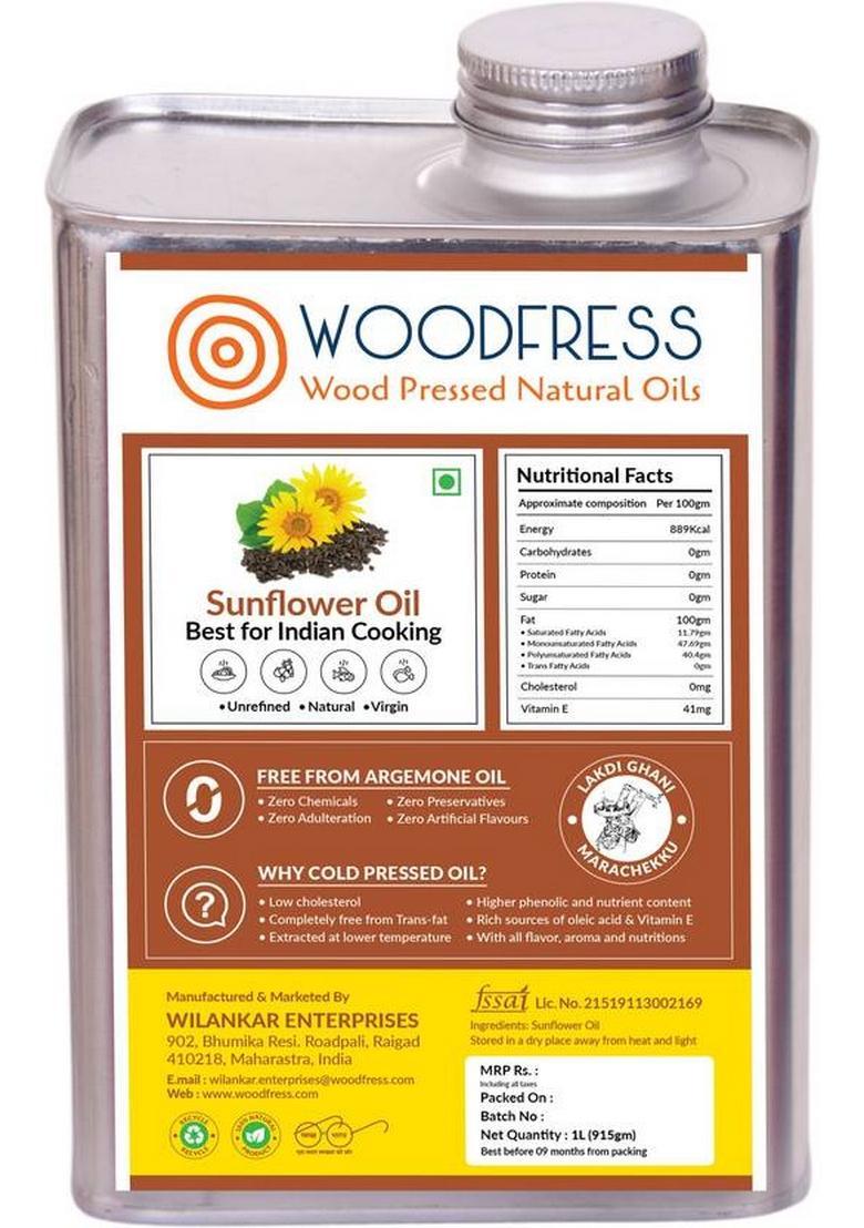 Woodfress Wooden Cold Pressed Sunflower Oil 1L (Wood / Lakdi Ghani Marachekku) Tin (1 L)
