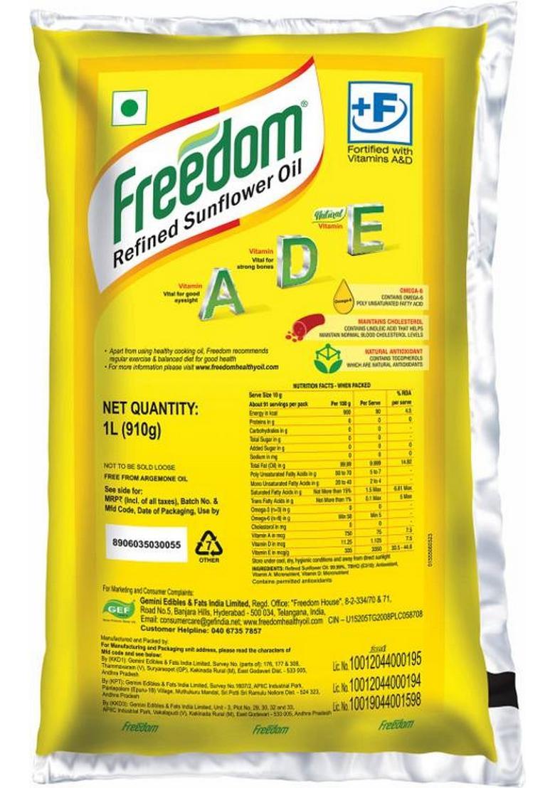 Freedom Refined Sunflower Oil Pouch (1 L)