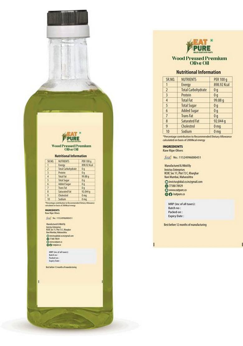 Eat Pure Premium Wood-Pressed Olive Oil | Chemical-Free, Nutrient-Rich |Heart-Healthy Pet Bottle (1 L)
