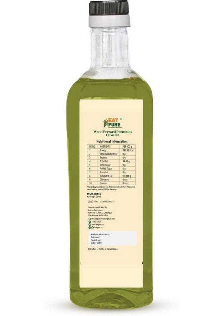 Eat Pure Premium Wood-Pressed Olive Oil | Chemical-Free, Nutrient-Rich |Heart-Healthy Pet Bottle (1 L)