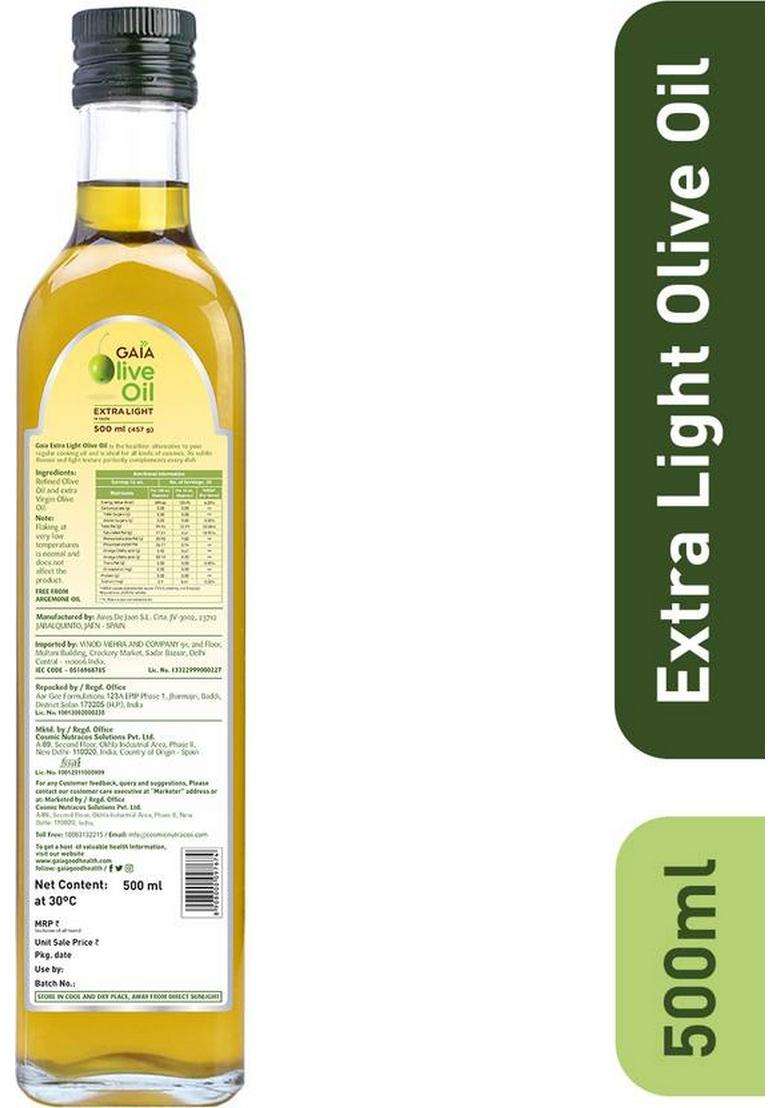 Gaia Olive Oil Extra Light 500 Ml For Healthy Lifestyle Plastic Bottle (500 Ml) - Indya