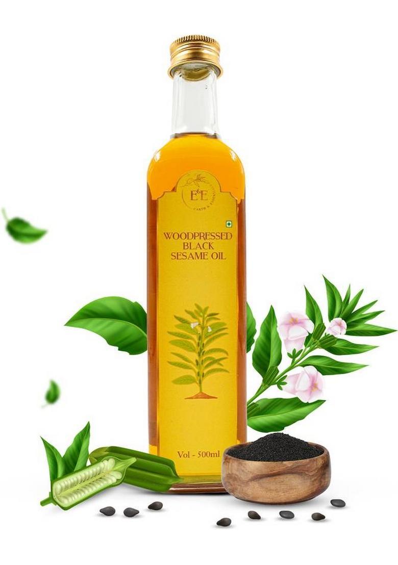 Earth And Essentials Woodpressed Black Sesame Oil | Kachi Ghani Til Ka Tel 100% Pure & Unrefined Glass Bottle (500 Ml)