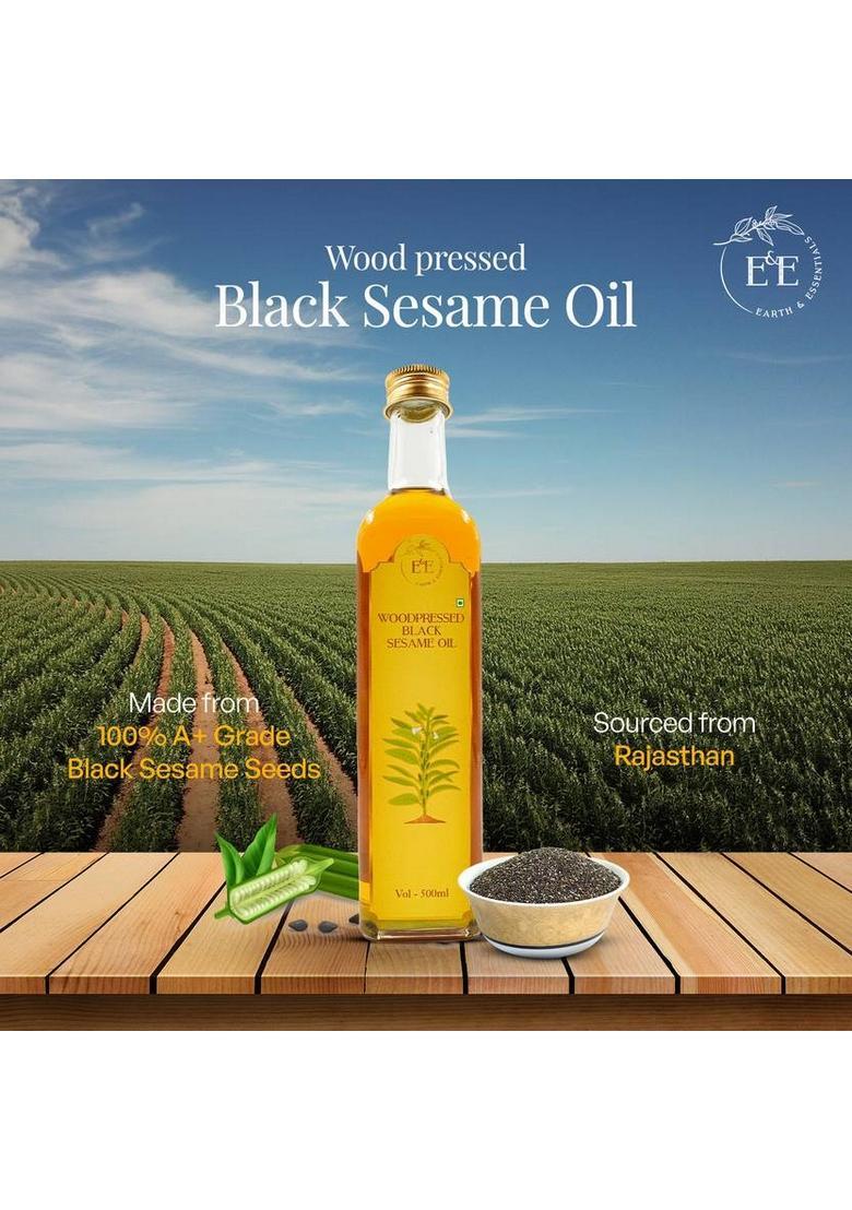 Earth And Essentials Woodpressed Black Sesame Oil | Kachi Ghani Til Ka Tel 100% Pure & Unrefined Glass Bottle (500 Ml)