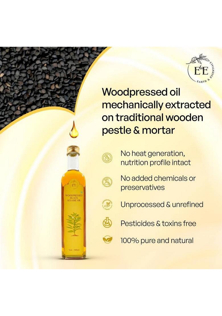 Earth And Essentials Woodpressed Black Sesame Oil | Kachi Ghani Til Ka Tel 100% Pure & Unrefined Glass Bottle (500 Ml)