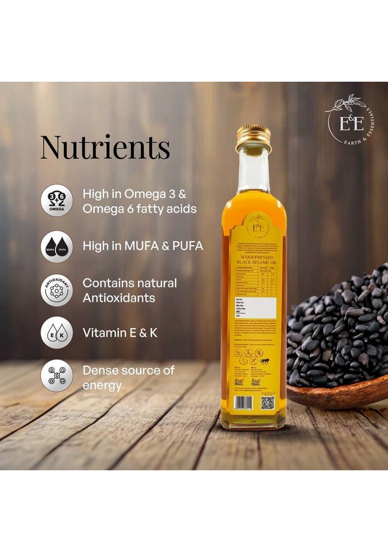 Earth And Essentials Woodpressed Black Sesame Oil | Kachi Ghani Til Ka Tel 100% Pure & Unrefined Glass Bottle (500 Ml)