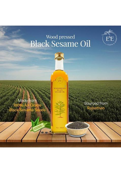 Earth And Essentials Woodpressed Black Sesame Oil | Kachi Ghani Til Ka Tel 100% Pure & Unrefined Glass Bottle (500 Ml)