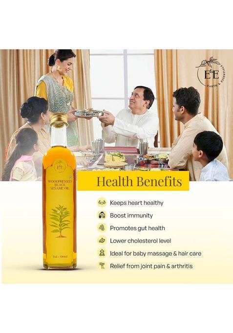 Earth And Essentials Woodpressed Black Sesame Oil | Kachi Ghani Til Ka Tel 100% Pure & Unrefined Glass Bottle (500 Ml)