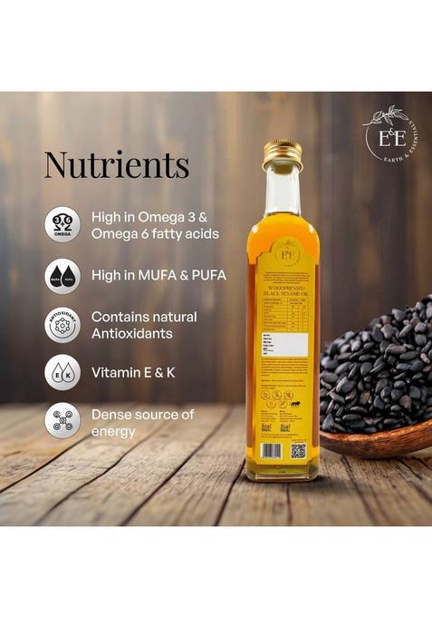 Earth And Essentials Woodpressed Black Sesame Oil | Kachi Ghani Til Ka Tel 100% Pure & Unrefined Glass Bottle (500 Ml)