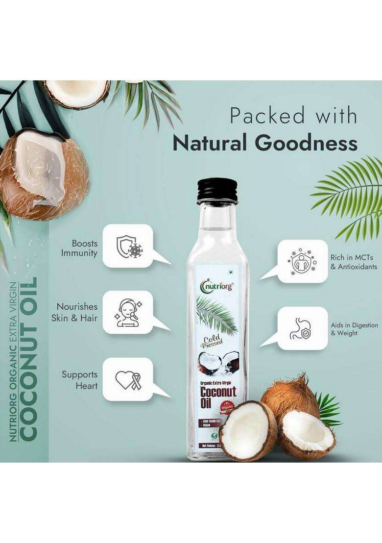 Nutriorg Certified Organic Cold Pressed Extra Virgin Coconut Oil Glass Bottle (250 Ml) - Indya