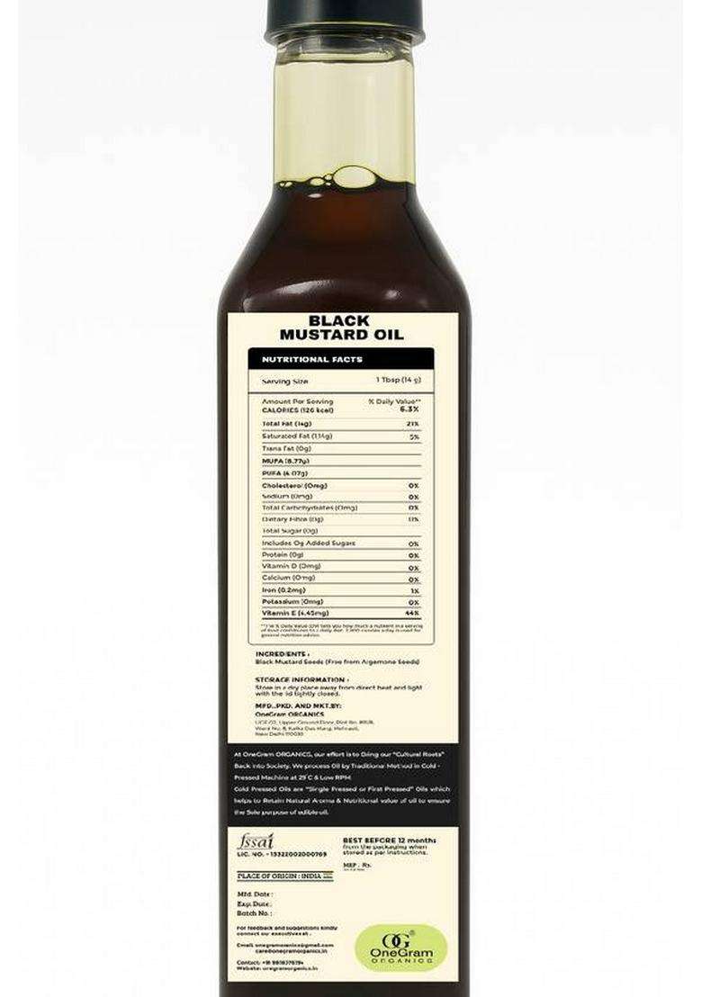 Onegram Organics Cold Pressed Black Mustard Oil Glass Bottle Plastic (500 Ml) - Indya