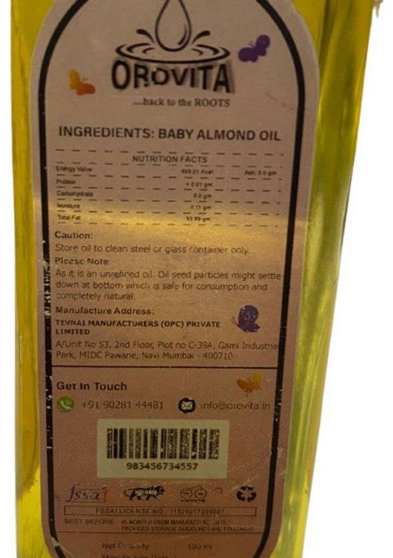 Orovita 100% Pure Wood Pressed Almond Oil | Multipurpose Usage Edible Skin Tin (100 Ml)