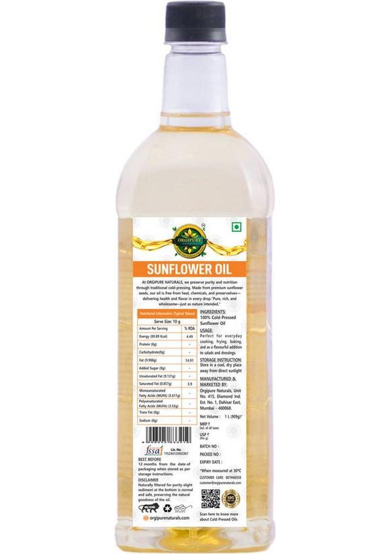 Orgipure Naturals 1 Liter Unrefined Chemical-Free 100% Pure And Natural Cold-Pressed Sunflower Oil Pet Bottle (1 L)