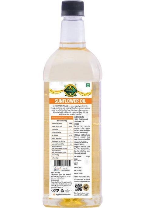 Orgipure Naturals 1 Liter Unrefined Chemical-Free 100% Pure And Natural Cold-Pressed Sunflower Oil Pet Bottle (1 L)