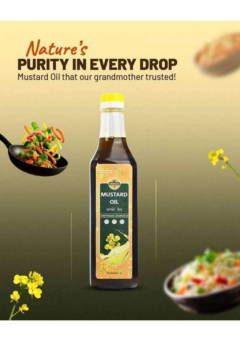 Debock Cold-Pressed (Kachi Ghani) | 100% Organic & Unrefined Rich Aroma Mustard Oil Pet Bottle (1 L) - Indya
