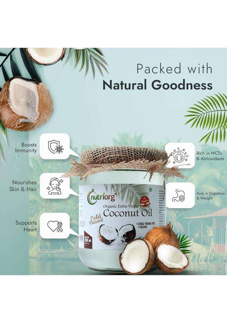 Nutriorg Certified Organic Cold Pressed Extra Virgin Glass Coconut Oil Jar (500 Ml) - Indya