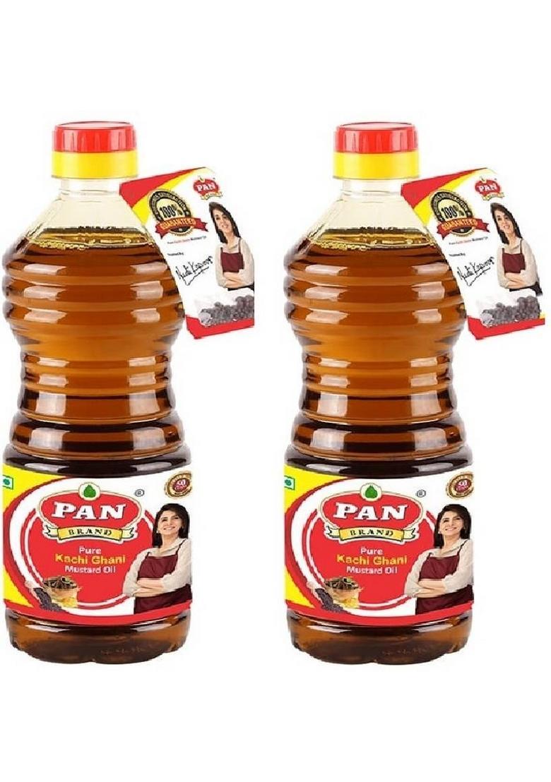 Pan Brand Pure Kachi Ghani Mustard Oil | Argemone Free Plastic Bottle (2 X 500 Ml)