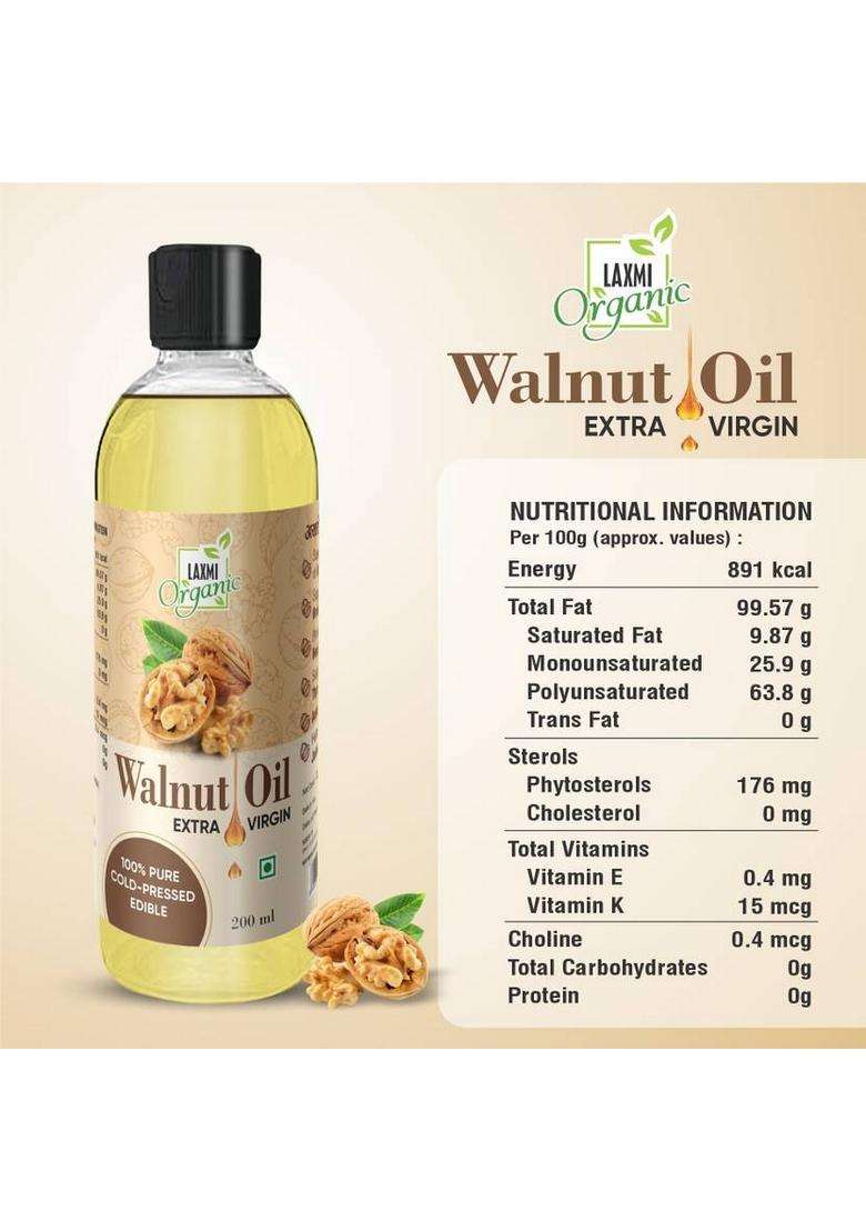 Laxmi Organic Extra Virgin Walnut Oil Cold Press Akhrot Ka Tel For Thyroid Olive Skin Face Pet Bottle (200 Ml) - Indya