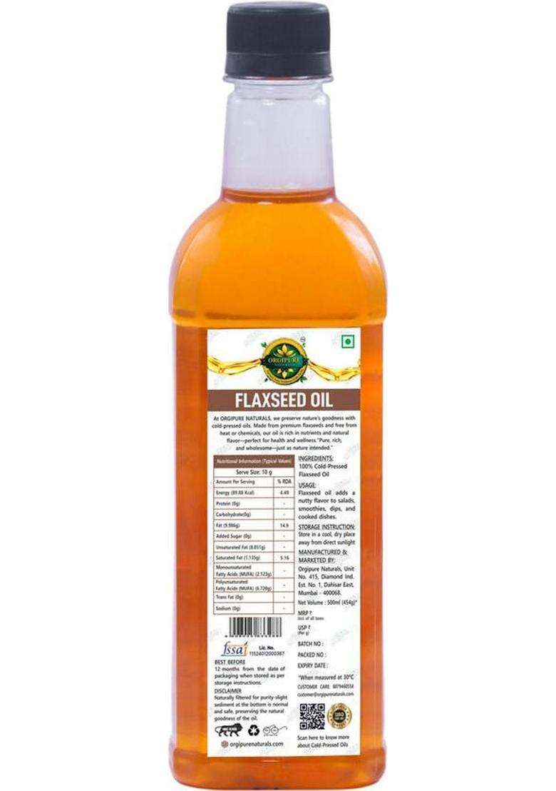 Orgipure Naturals 500Ml Unrefined Pure And Natural Cold-Pressed Flaxseed Oil Pet Bottle (500 Ml) - Indya