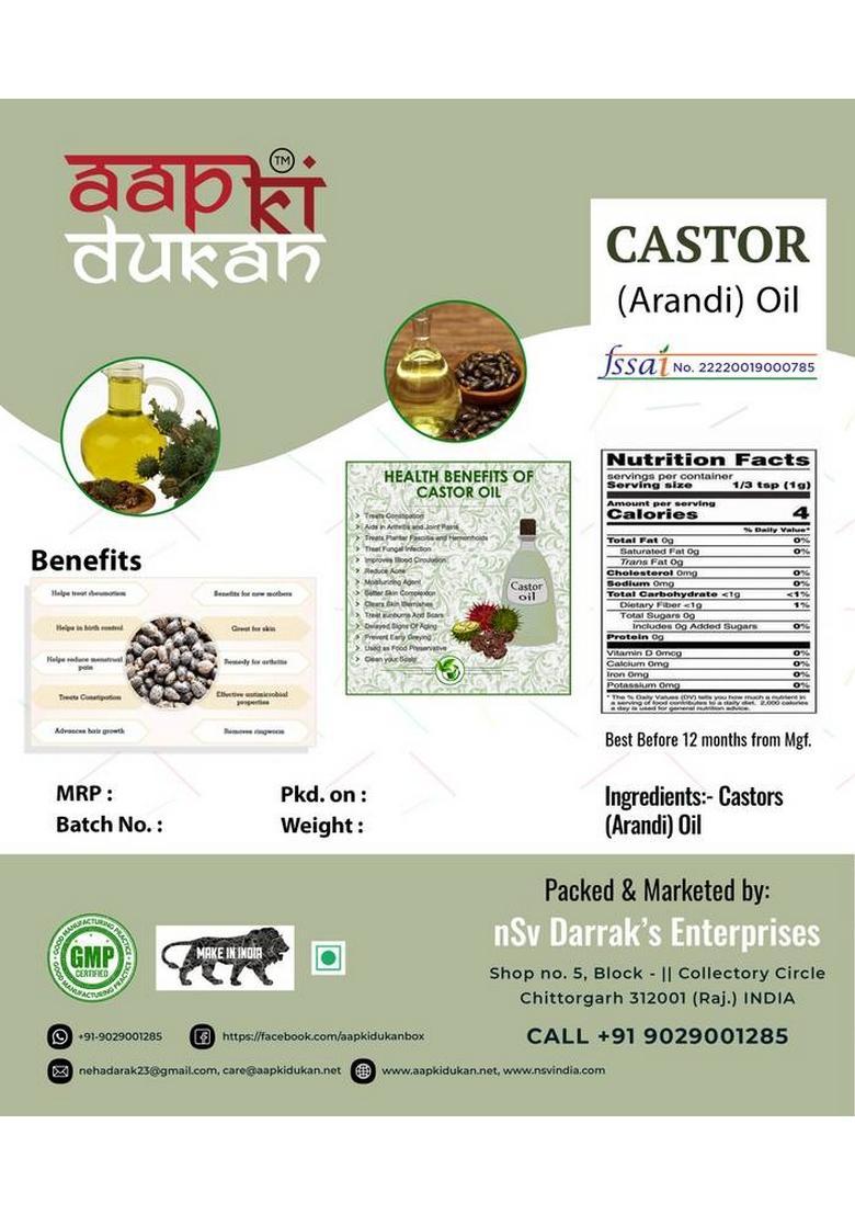 Aapkidukan 100% Pure Castor Oil | Arandi Virgin & Cold Pressed For Hair Skin Plastic Bottle (100 Ml)