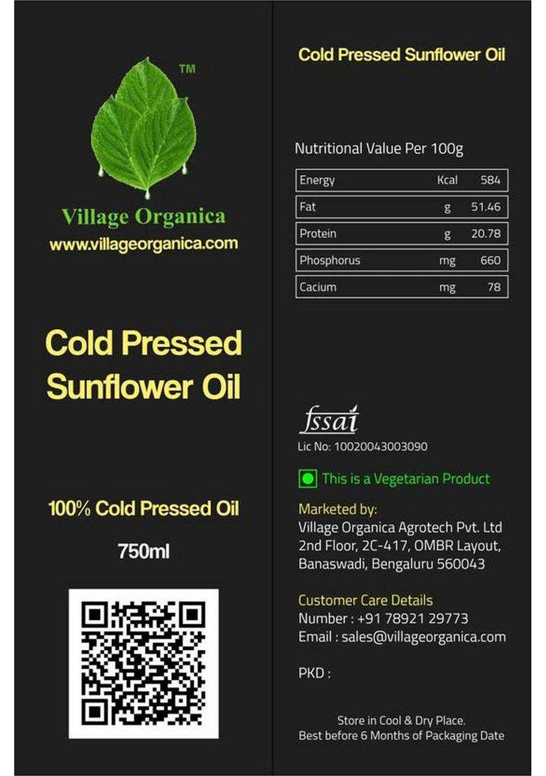 Village Organica Cold Pressed Sunflower Oil | Single From Handpicked Seeds Glass Bottle (750Ml) (750 Ml) - Indya