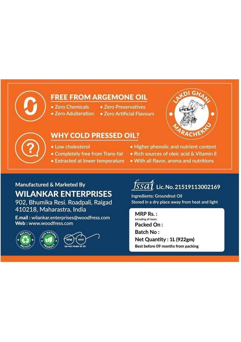 Woodfress Wooden Cold Pressed Groundnut / Peanut Oil 1L (Wood Lakdi Ghani Marachekku) Tin (1 L)