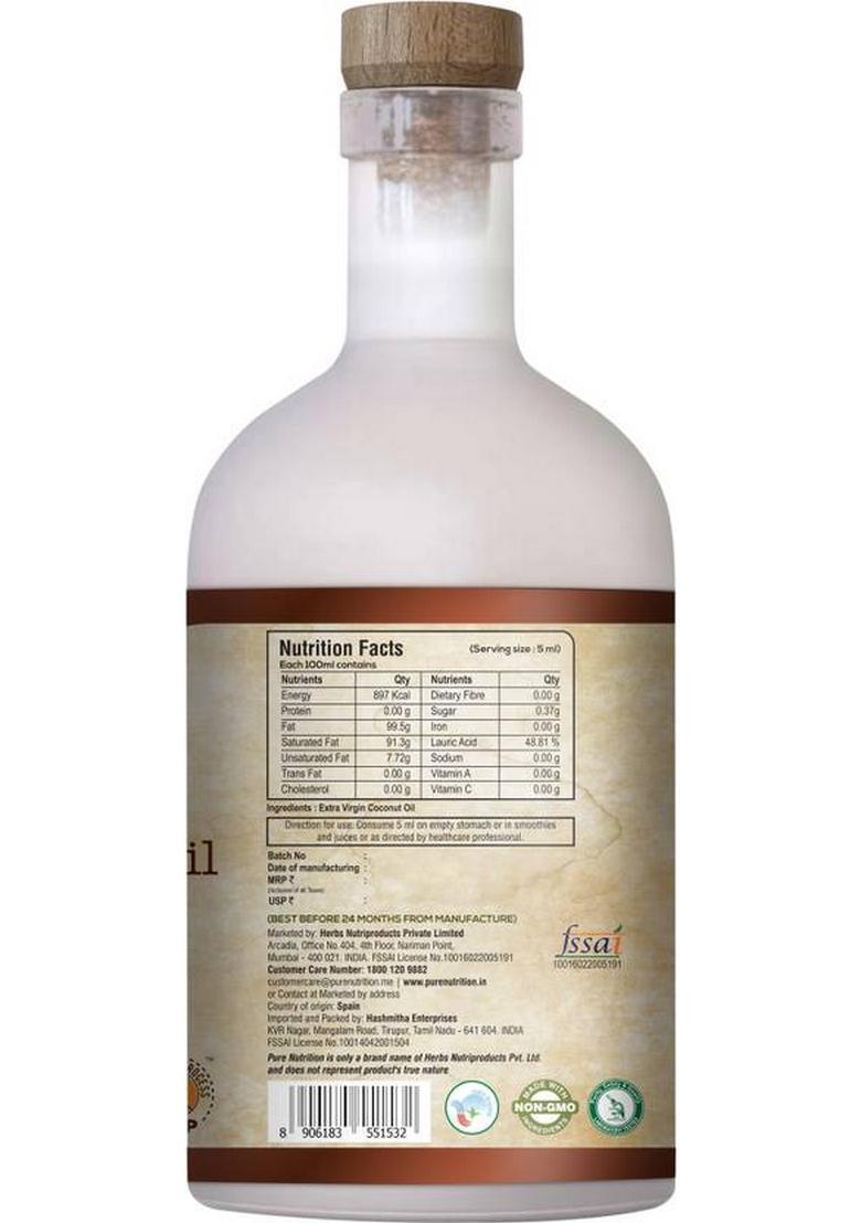 Pure Nutrition Organic Extra Virgin Coconut Oil Raw Cold Pressed 100% For Cooking, Skin Glass Bottle (750 Ml)