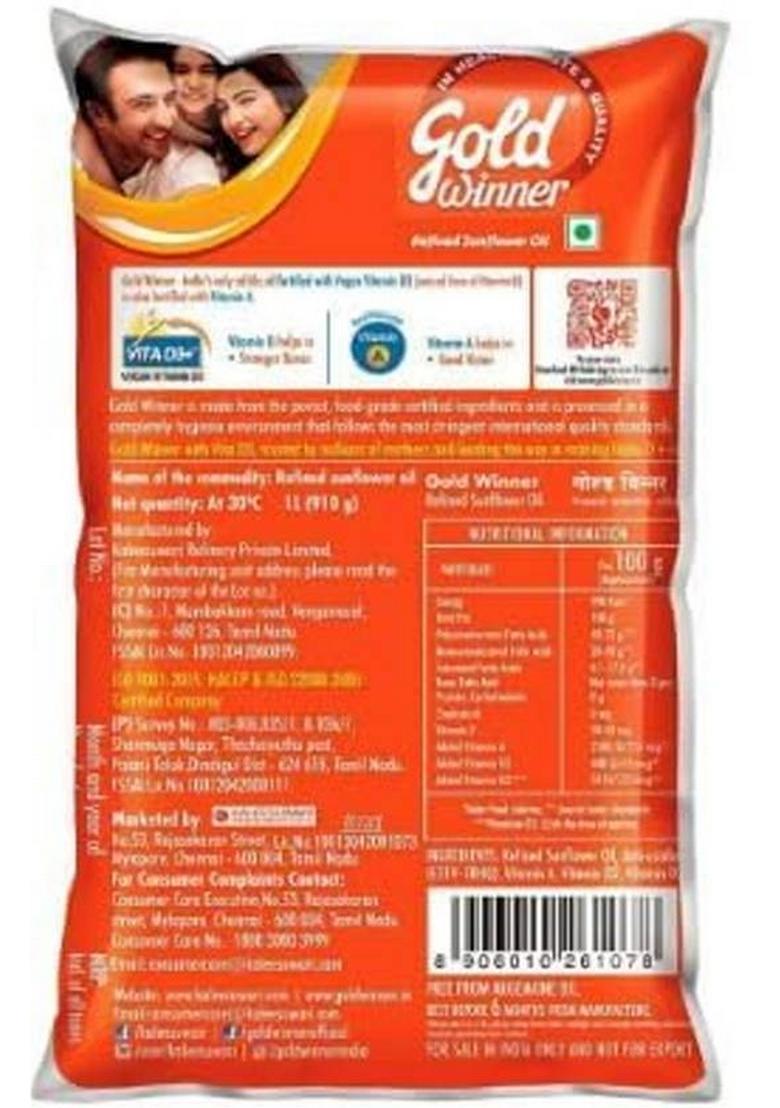Gold Winner Refined Sunflower Oil Pouch (910 G)