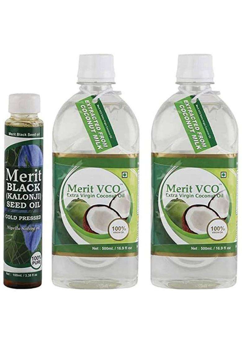 Merit Vco Extra Virgin Coconut Oil With Kalonji Cold Pressed For Face, Hair And Body Plastic Bottle (3 X 366.67 Ml) - Indya
