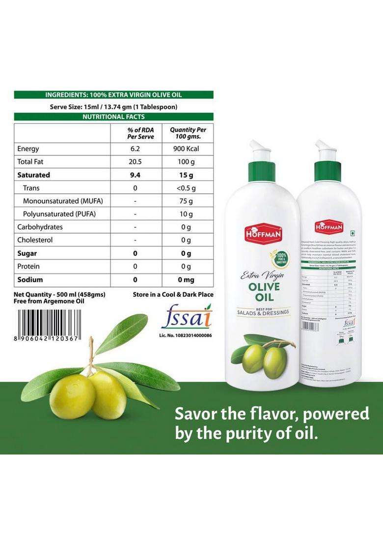 Hoffman Extra Virgin | A1 Grade 100 % Pure Olive Oil Squeeze Bottle (500 Ml) - Indya