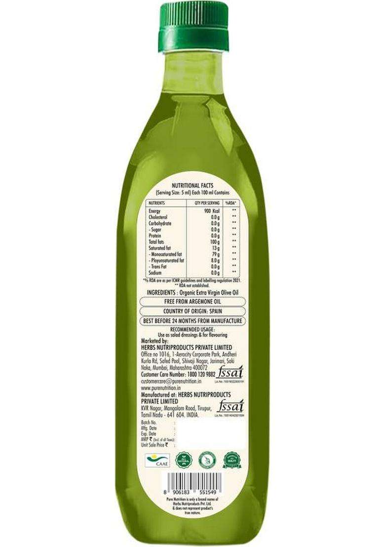 Pure Nutrition Extra Virgin Olive Oil Raw Cold Pressed 100% For Cooking, Salad Dressing Pet Bottle (500 Ml) - Indya