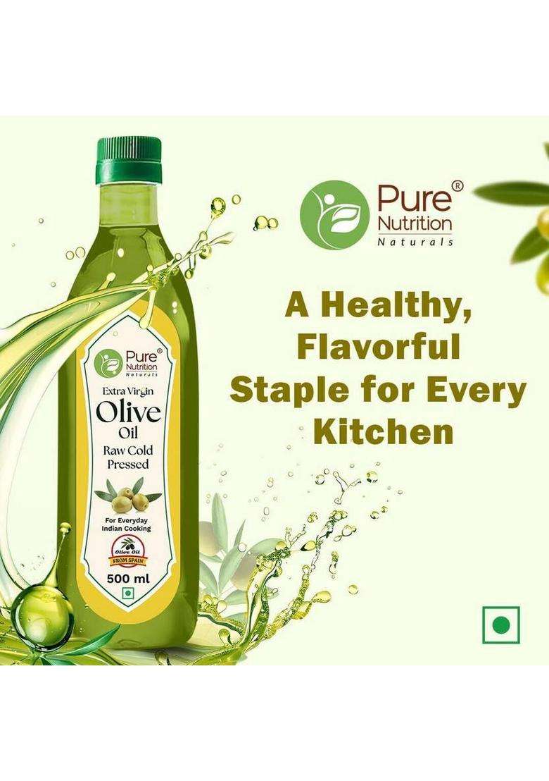 Pure Nutrition Extra Virgin Olive Oil Raw Cold Pressed 100% For Cooking, Salad Dressing Pet Bottle (500 Ml) - Indya
