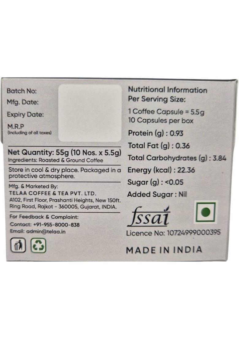 Telaa Coffee & Tea Aluminium Coffee Capsules| |100% Arabica | Dark Blaze,Intensity-9| Roast & Ground Coffee (55 G, Chocolate Flavoured)