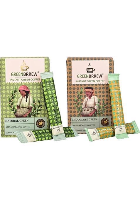 Greenbrrew Natural Green + Chocolate Green | 100% Unroasted Coffee | 20 Sachets Each Instant Coffee (2 X 60 G)
