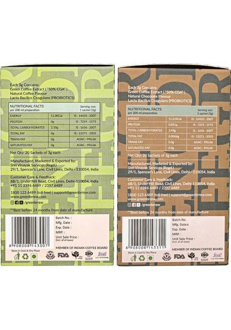 Greenbrrew Natural Green + Chocolate Green | 100% Unroasted Coffee | 20 Sachets Each Instant Coffee (2 X 60 G)