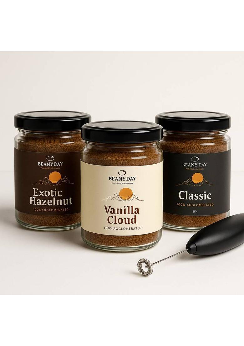 Beany Day Instant Coffee Trio Pack Of 3 – Hazelnut, Vanilla, Classic Instant Coffee (3 X 50 G)