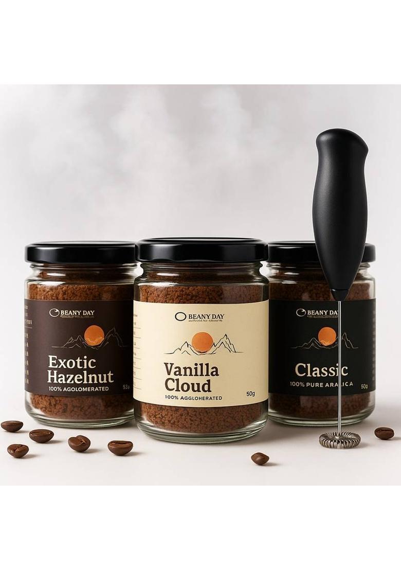 Beany Day Instant Coffee Trio Pack Of 3 – Hazelnut, Vanilla, Classic Instant Coffee (3 X 50 G)